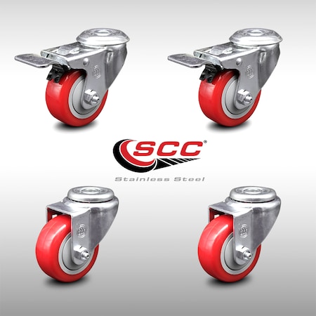 Service Caster 3 Inch SS Red Polyurethane Swivel Bolt Hole Caster Set with 2 Total Lock Brake SCC-SSBHTTL20S314-PPUB-RED-2-S-2